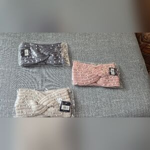 Chic Pearl-Embellished Knit Headbands - Pink, Gray, Cream